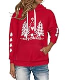 Women's Hoodies Long Sleeve Sweatshirts Drawstring Pullover Tops with Pocket Casual Loose Blouses Tunic (Red Christmas Tree,XL)