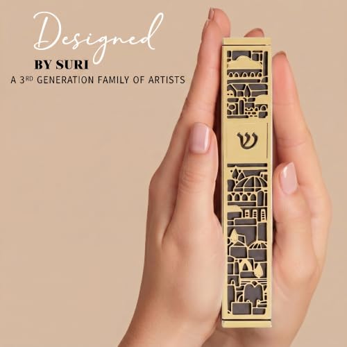 Image of SURI Mezuzah for Door with Scroll, 7 Inch Gold and Gray Mezuzah Case with Non Kosher Scroll Inside, Fits a up to 6 Inch Scroll, Includes Adhesive and Gift Box