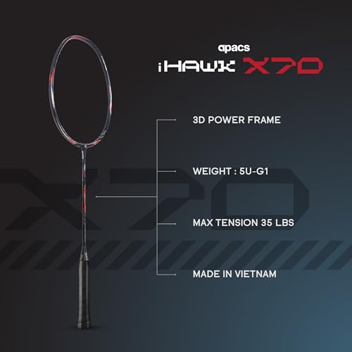 Image of Apacs iHawk X70 (Unstrung) Full Graphite Ultra Strong Carbon Fibre (75-79g) | 35 LBS Max Tension | 3D Power Frame | Made in Vietnam Badminton Racket with Full Cover (Black) (All Rounder)