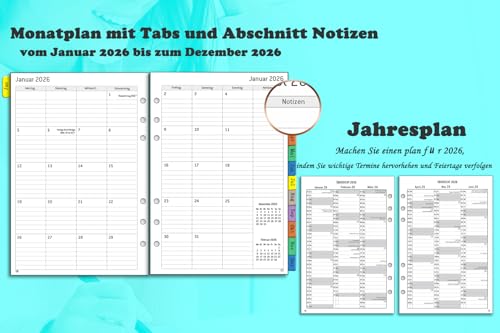 2026 Wochenplaner Einlage A5 6 Löcher, auf Deutsch, 1 Woche 2 Seiten mit Monatsübersicht Passwort Notizen Kontakt, von Jan.26 bis Dez.26, 100 GSM, Nachfüllpapier für Kalender 2026 Planer Organizer