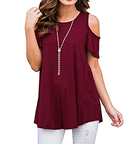 FIGHTART Femmes Manches Courtes Occasionnels Cold Shoulder Tops Tunic Loose Shirts (Vin Rouge, S)