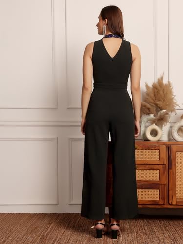 Image of Miss Chase Womens Halter Neck Sleeveless Embellished Regular-Length Jumpsuit