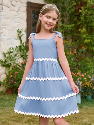 Haloumoning Girl's Sundresses Kids Summer Sleeveless Bowknot Strap RIC Rac Smocked Summer Dresses 5-14 Years3