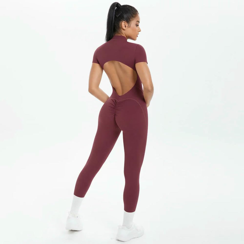GLDFW damski kombinezon fitness z krótkim rękawem damskie body bez pleców jednolity Scrunch jednoczęściowy garnitur pół zamek siłownia joga zestawy