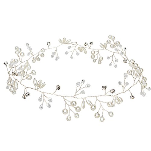 Jaciya Crystals Wedding Headband Bridal Headpieces for Bridesmaid and Flowergirls, 19.7 inches Hair Vine and Headpiece Pearls Silver Hair Accessories for Women (Silver)
