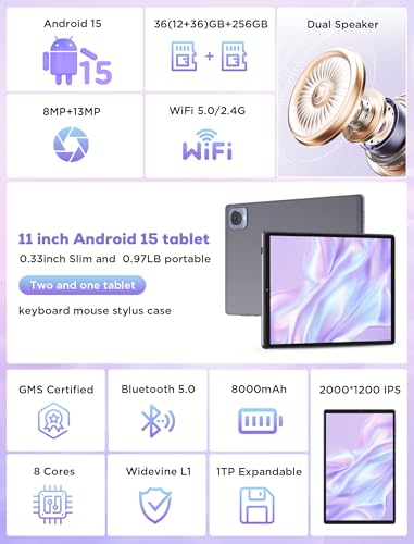 Image of 2025 Tablet 10.4 inch Android 15 Tablets with Keyboard Stylus Mouse: 2K IPS Tablette (2000x1200), 36GB+256GB(1TB TF), 5G /2.4G Dual WiFi, 8-Core 1.6GHz, 8000mAh,8+13MP, Widevine L1- Gray