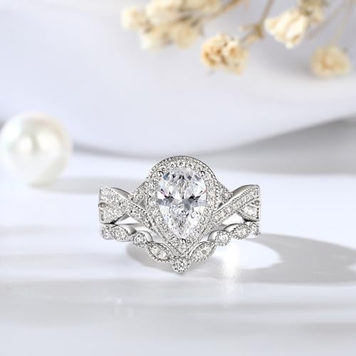Jeulia 1.2ct Gemstone Engagement Ring Set for Women, Halo 2PCS Pear Cut Sterling Silver Rose Gold Wedding Band Ring Morganite Vintage Promise Bridal Jewelry with Gift Box4