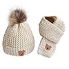 TYXHXTF Gorro de Punto para Bebé, Bufanda Calentador de Cuello y Gorro de Invierno Cálido, Niñas Invierno Bebe Gorros con Pompon y Bufanda de Punto Cuello(Blanquecino)