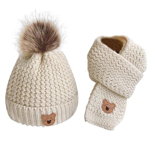 TYXHXTF Gorro de Punto para Bebé, Bufanda Calentador de Cuello y Gorro de Invierno Cálido, Niñas Invierno Bebe Gorros con Pompon y Bufanda de Punto Cuello(Blanquecino)