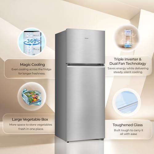 Image of Haier 358 L 2 Star Frost Free Triple Inverter Double Door Refrigerator, 360 Magic Cooling for Uniform Freshness & Spacious Fresh Zone (HEF-362TSA-P, Inox Steel, 10 In 1 Convertible Modes, 2026 Model)