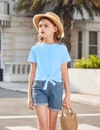 Image of Arshiner Girls Short Sleeve Shirts Tie Knot Front Tops T Shirts for Kids Crewneck Cute Casual Tie Dye Tee Blouse