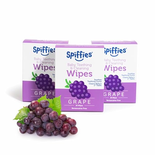 Image of Spiffies Baby Teeth Wipes - Grape Flavor, Xylitol-Enriched Baby Gum Cleaner & Dental Wipes for Teething Relief and Teeth Cleaning - Safe for Infants & Toddlers, 20 Count (Pack of 3)