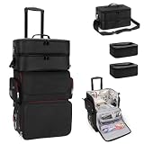 Large Makeup Train Case with a Large Makeup Travel Case for Hairstylist, Hairdresser Bag with Detachable Pouch,Heat Insulation and Anti-scalding for Hairdressing Tool Organizer 2 in 1, Big wheels