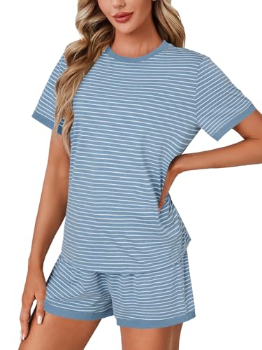 Image of LYANER Pajama Set for Women 2 Piece Lounge Set Striped Crew neck Short Sleeve Tops and Shorts Soft Sleepwear