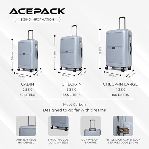 Image of ACEPACK Carbon 78 cm Large Check-in Size Hard-Sided Luggage Trolley Bag - Lightweight & Durable Polypropylene Suitcase with Anti-Theft Zipper & Number Lock for Travel (28) (Silver)