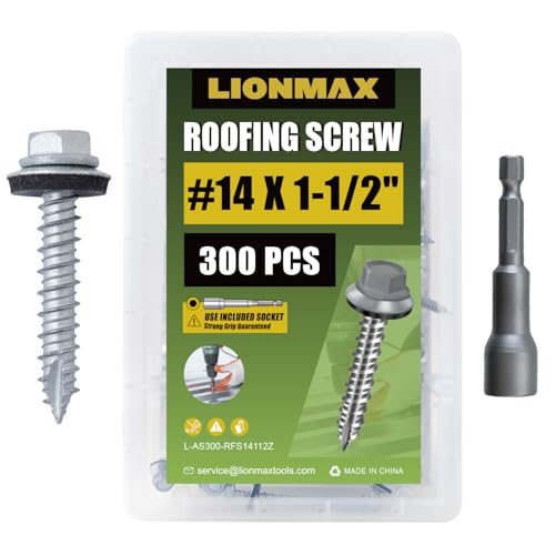 LIONMAX Metal Roofing Screws #14 x 1-1/2 Inch, 300PCS, with Rubber Washer