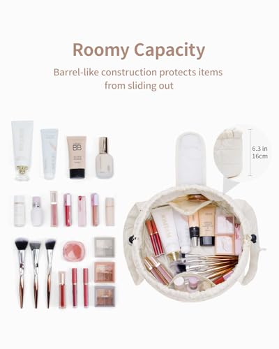 Narwey Barrel Drawstring Makeup Bag, Large Quilted Puffer Cosmetic Bag, Puffy Make Up Bags, Travel Toiletry Bags for Traveling Women Toiletries Organizer, Gift for Teen Girls (Beige) (Patent)2