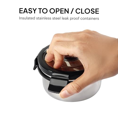Image of CELLO Duet Set of 4 Pcs Stainless Steel Lunch Box with Bag for Office Use, Black | 2 x 400ml Round, 2 x 400ml Square Steel Containers with Fork & Spoon, Leak Proof Airtight Steel Tiffin Box for Travel