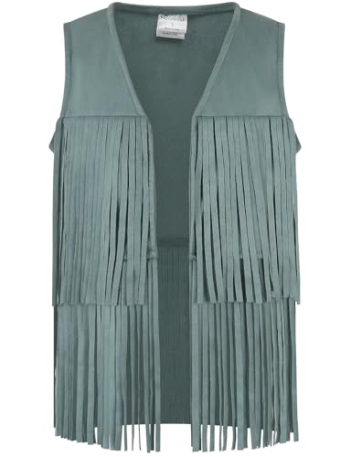 Image of Noomelfish Girls Faux Suede Fringe Vest Sleeveless Boho Tassels Jacket Cardigan (5-12 Years)