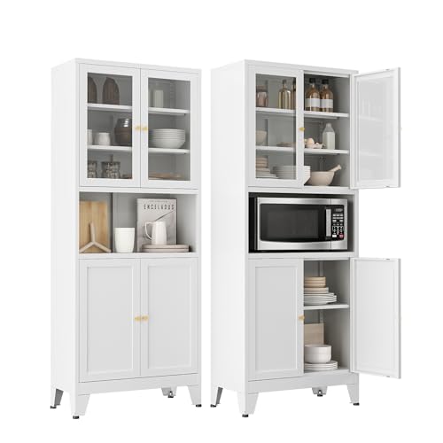 Image of 69 inch Tall Pantry Cabinet with Open Shelf,13.78 inchDeep By 28 inch Wide Storage Cabinet with Glass Doors and Adjustable Shelves,Microwave Stand,for Kitchen Dining Room Bathroom,White,1Pc