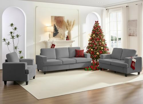 Image of Mjkone 3 Pieces Living Room Sofa Sets, 3 Seat 82 inch W Sectional Sofas Couch and Loveseat Sets with Armchair, Sofas Couches for Living Room Furniture Set, 3-Seater Sofa + Loveseat + Armchair, Light Grey