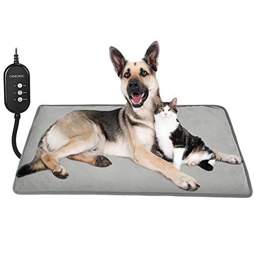 OMORC Pet Heating Pad, 12V Safe Dog Cat Heating Pad with 3 Level Timer & Temperature Settings & 2 Replaceable Cover, Auto Power-Off Thermostats and Anti-Bite Tube, 17" x 28.5" Heated Mat for Pets