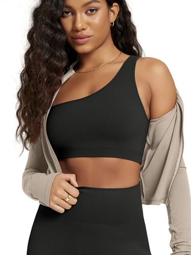 ODODOS Seamless One Shoulder Sports Bra for Women Ribbed Asymmetrical Non Padded Yoga Crop Tank Tops Black Medium