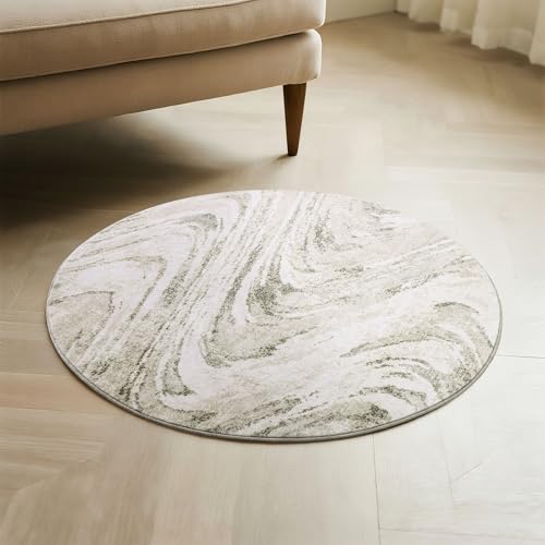 Image of Carvapet 2ft Round Rug Beige Modern Abstract Washable Low Pile Carpet