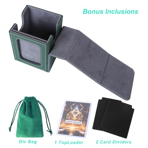 Image of AFIING MTG Deck Box for Commander Display,Card Deck Box Fits 100 Double Sleeved Cards, Magic Commander TCG Card Storage case with 2 Dividers,Dice Bag and 1 Toploader(Green /Grey)