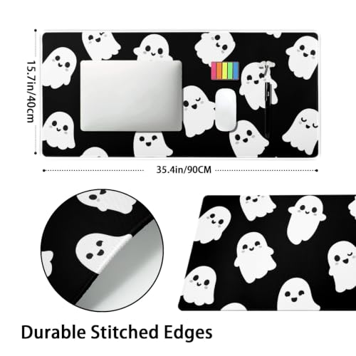 Image of Halloween Cute Ghost Mouse Pad Kawaii Cartoon Spooky Funny Spirit Extended Desk Mat Non-Slip Rubber Base Stitched Edge Large XXL Black White Mousepad for Gaming Laptop Computer Desktop 35.4x15.7 in