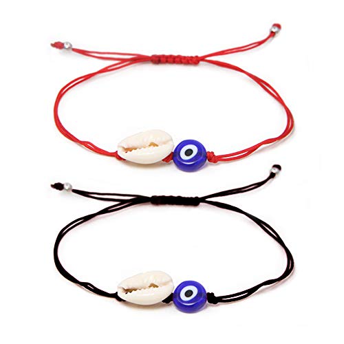 Apol 2pcs Evil Eye Bracelet Set Shell Weave Bracelet Adjustable Bracelets with Card Red Black String for Women Men Friendship Family