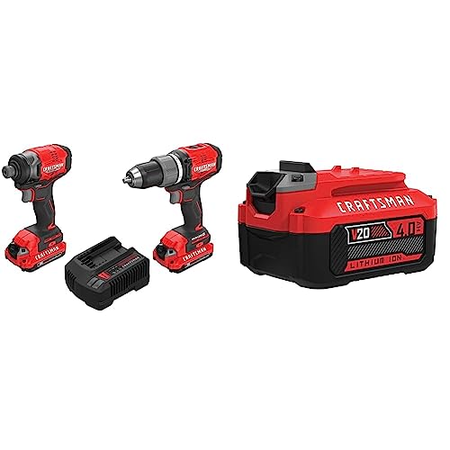 Image of CRAFTSMAN V20 RP Cordless Drill and Impact Driver, Power Tool Combo Kit, 2 Batteries and Charger Included (CMCK211C2) & (1) V20 Lithium Ion Battery, 4.0-Amp Hour (CMCB204)