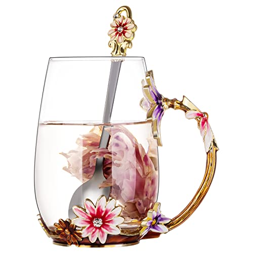 Sheeyee Gift For Women Enamel Daisy Flower Glass Coffee Mug With Spoon Tea Cup Tea Sets For Mother's Day Christmas Birthday #TOP6
