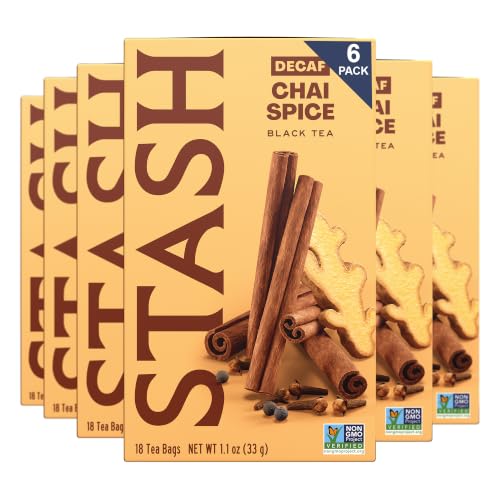 Stash Tea Decaf Chai Spice Black Tea - Decaf, Non-GMO Project Verified Premium Tea with No Artificial Ingredients, 18 Count (Pack of 6) - 108 Bags Total
