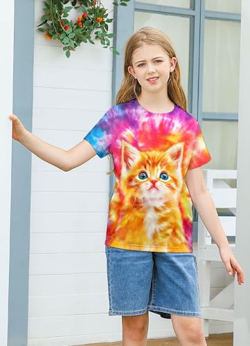 Image of SunFoucs Girls Kids Shirts Size 5-12 Tie Dye Casual Tshirt Short Sleeve Crewneck Tee Top | Short Sleeve Rainbow Tee Top