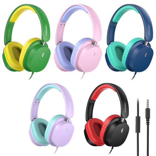 A+ Scholars Kids Headphones Bulk 5 Pack for School, HD Mic Stereo Sound Over-Ear Headphones for Classroom, Comfortable Fit, Foldable, 3.5mm Jack Wired Headphones for Kids ipad Tablets Computer Travel