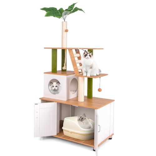 PETSITE Cat Tree with Litter Box Enclosure, Multi-Level Modern Cat Tree Tower with Sisal Scratching Posts, Cat Condo, Ladder, Dangling Balls, Interactive Sisal Rope, and Hidden Litter Box
