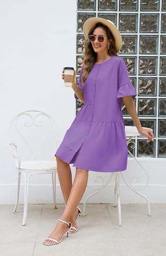 Image of Choichic Button Down Shirt Dresses for Women with Pockets Flare Bell Sleeve A-Line Midi Tunic Dress