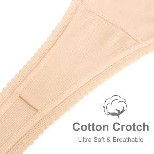 Image of voenxe Seamless Thong for Women,No Show Lace Underwear,Ladies Cotton Blend Breathable Panties,Comfort Soft Undie,Tanga,5-Pack