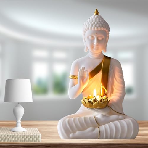 Image of SN Handicrafts Decorative Buddha Statue with T-Light Lotus candel, White and Gold, Polystone Meditation Figurine for Home Gift Gifting Item Buddha Idol Statue Showpiece (White) 1pic