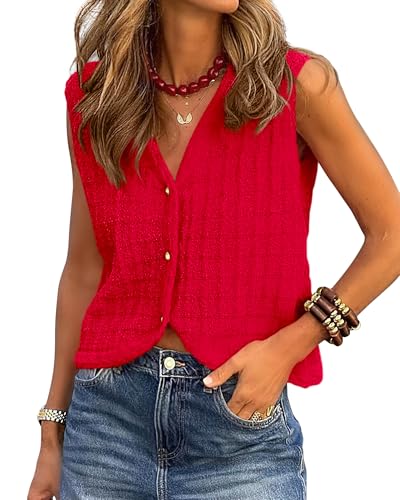BTFBM Summer Sweater Vest for Women 2025 Sleeveless V Neck Button Up Cardigan Waffle Knit Tank Tops Spring Clothes