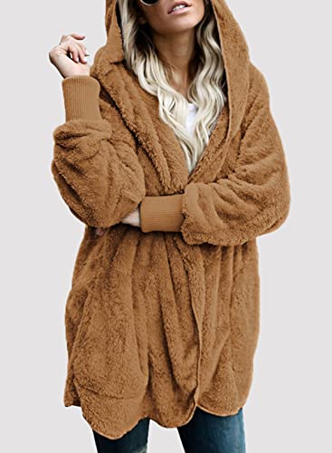 Image of Dokotoo Womens 2025 Winter Long Sleeve Solid Fuzzy Fleece Open Front Hooded Cardigans Jacket Coats Outerwear with Pocket