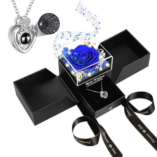 Palqfl Preserved Blue Real Rose with Heart I Love You Necklace - Eternal Flowers Rose Romantic Gifts Box for Her Girlfriend Mom Wife Grandma on Valentines Mothers Day Christmas Anniversary (Blue)