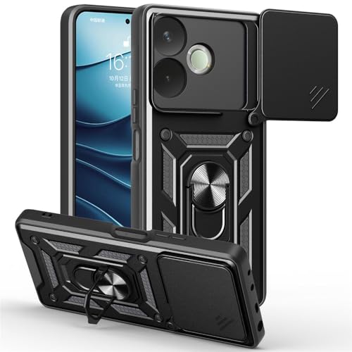 Image of Casodon Heavy Duty Back Case Cover for Oppo A5 Pro 5G, Shockproof Oppo A5 Pro Back Cover, Ring Case with Kickstand and Camera Protection Shutter - Black
