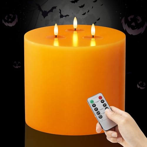 Image of Orange Extra Large Flameless Candles, 6 inchx6 inch Battery Operated Candles with Remote, Real Wax Flickering LED Candles with 3 Wicks for Fall, Thanksgiving, Harvest, Halloween Decor