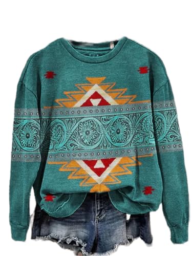 Akivide Women's Western Shirts Vintage Cowboys Horse Print Crewneck Long Sleeve Aztec Casual Sweatshirts Loose Tops