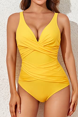 Image of Smismivo Tummy Control Swimsuits for Women Slimming One Piece Bathing Suit Retro Ruched Push Up Vintage Padded Swimwear
