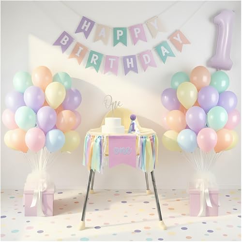Bapukzy First Birthday Decorations for Girl - Complete Party Set with High Chair Banner Party Hat Number 1 Balloon One Cake Topper Latex Balloons & Birthday Banner(Pastel)