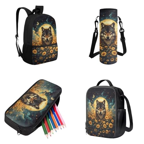 Wolf Sunflower Girls Backpack 4PCS Large Capacity Bookbags Set for Kids Elementary Middle, Travel Bag for Childs with Lunch Box Pencil Case Water Bottle Sleeve 17 Inch for Teens2