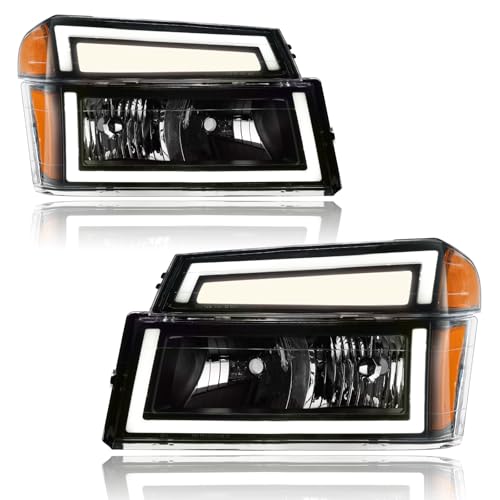 Fullux LED DRL Headlights Assembly Compatible with 2004-2012 Chevy Colorado & GMC Canyon / 2007-2008 Isuzu i-series Replacements Amber Reflector Black Housing